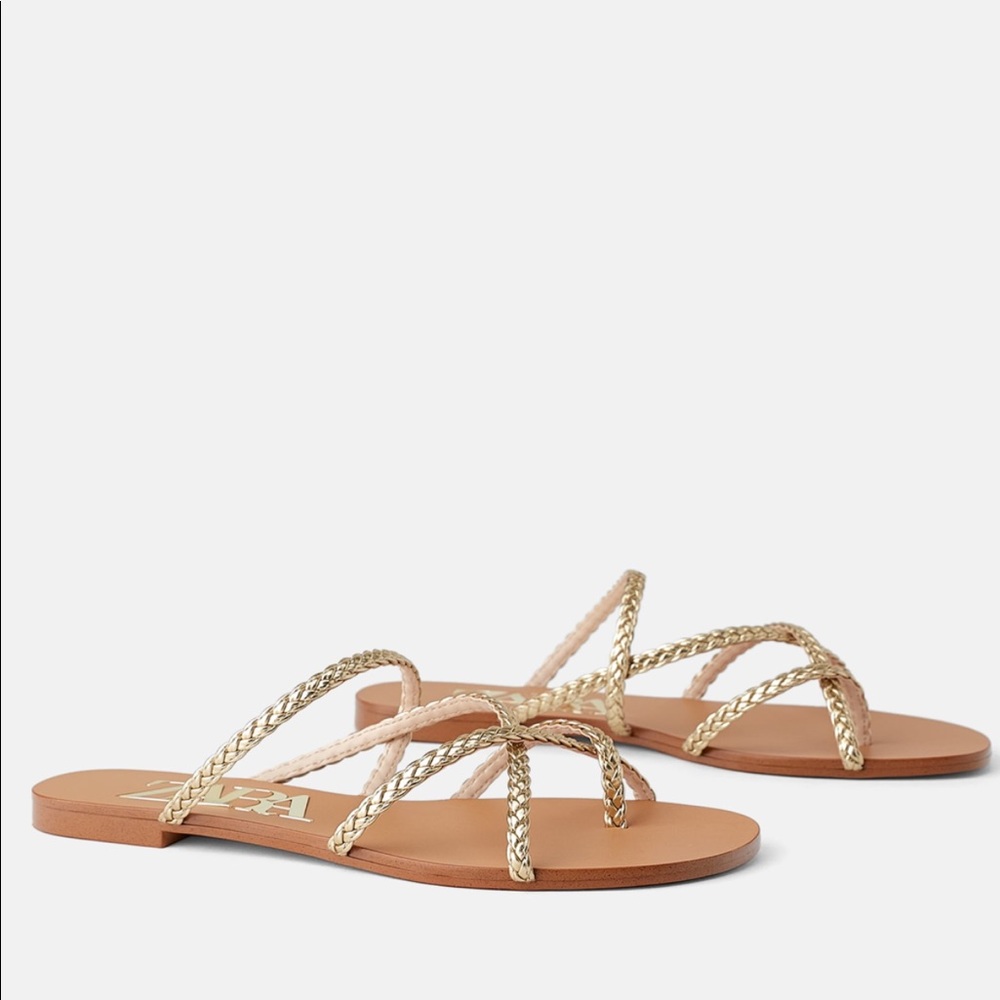 🩵 ZARA Gold Tone Woven Strap Metallic Flat Sandals